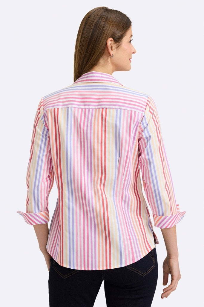 Rear view of the Taylor pinpoint 3/4 sleeve shirt in #color_Pinpoint Sunset Ombre Stripe