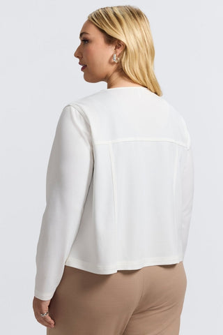 Back view of the Valerie Plus Knit Crepe Long Sleeve Jacket highlighting the subtly tailored seams #color_ecru