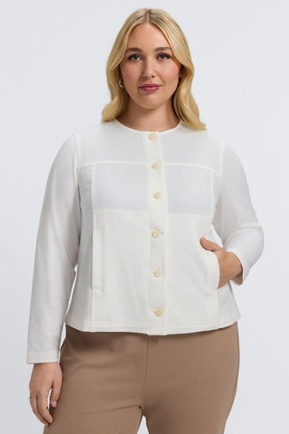 Front view of the Valerie Plus Knit Crepe Long Sleeve Jacket showing off i's refined silhouette #color_ecru