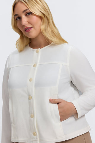 Front view of the fully buttoned Valerie Plus Knit Crepe Long Sleeve Jacket with models hand in pocket  #color_ecru