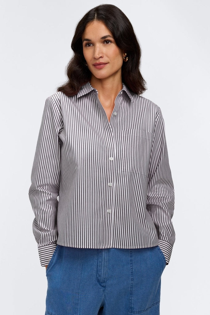 Jodie no iron pinpoint stripe long sleeve short shirt in #color_black pinpoint stripe