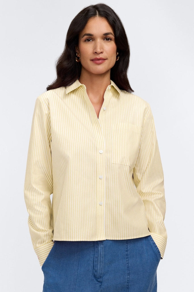Jodie no iron pinpoint stripe long sleeve short shirt in #color_lemon pinpoint stripe