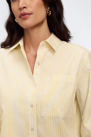 Front collar of the Jodie pinpoint stripe long sleeve short shirt in #color_lemon pinpoint stripe