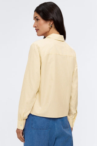 Rear view of the Jodie no iron pinpoint stripe long sleeve short shirt in #color_lemon pinpoint stripe
