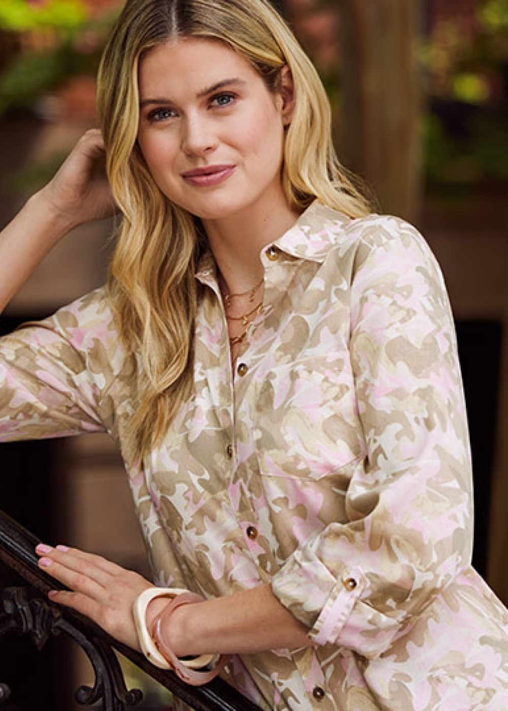 blonde woman wearing Foxcroft women's blouse