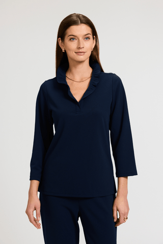 Front view of the Tammy Knit Crepe 3/4 Sleeve Popover Shirt showing off the neckline #color_navy