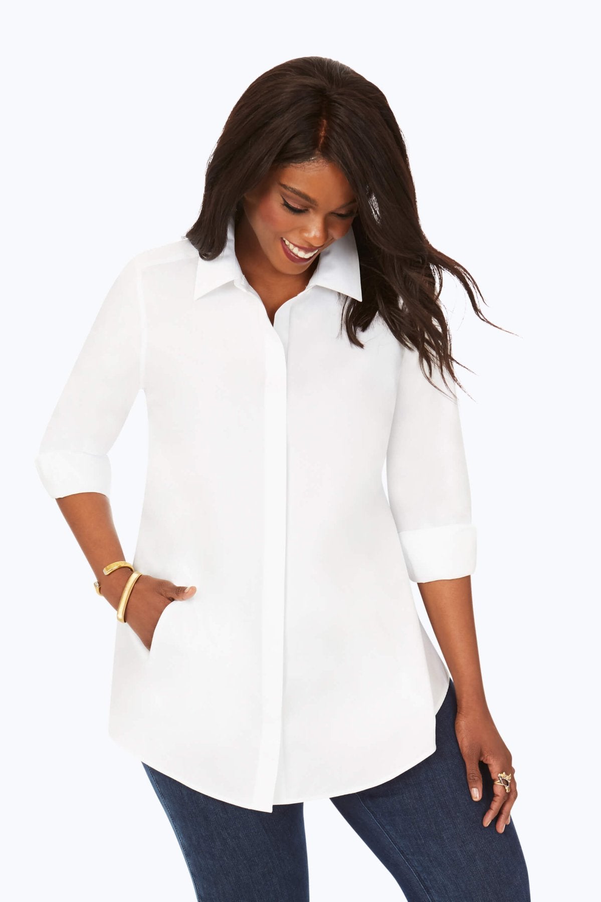 Cici Plus No Iron Pinpoint Long Sleeve Tunic