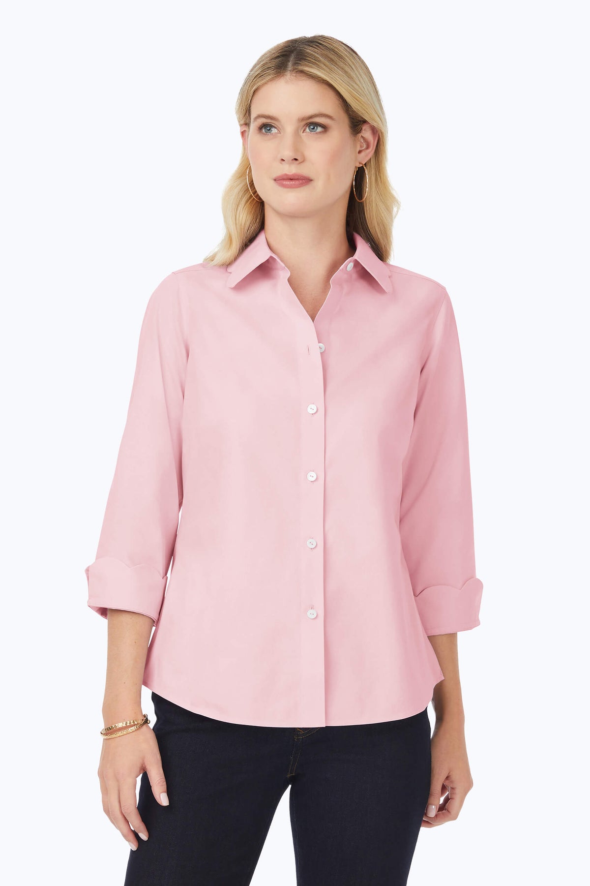 Gwen Pinpoint Non-Iron Scallop Shirt #color_chambray pink