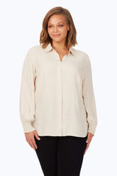 Plus Smocked Sleeve Glitter Gingham Shirt #color_ivory glitter gingham