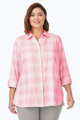 Germaine Plus Puckered Spring Plaid Tunic #color_pink champagne pucker spring plaid